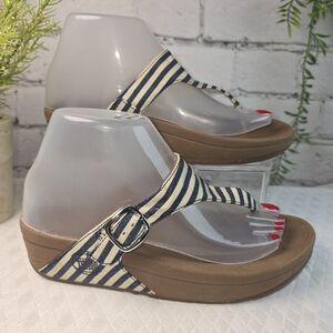 FITFLOP THE SKINNY NAUTICAL STRIPED CANVAS THONG WEDGE SANDAL BLUE WHITE 6